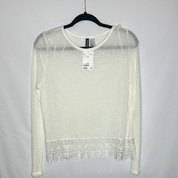 H&M Sweaters - H&M | Cream Knit Sweater Lace Embroidery Trim Long Sleeve Women’s Size M